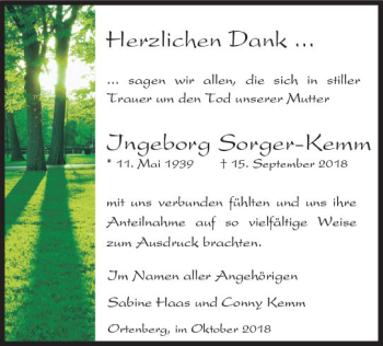 Traueranzeige von Ingeborg Sorger-Kemm von  Kreisanzeiger