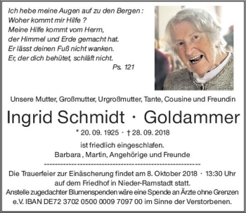 Traueranzeige von Ingrid Schmidt von vrm-trauer