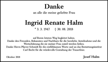 Traueranzeige von Ingrid Renate Halm von vrm-trauer
