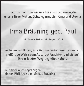 Traueranzeige von Irma Bräuning von VRM Trauer