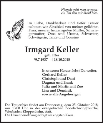 Traueranzeige von Irmgard Keller von vrm-trauer