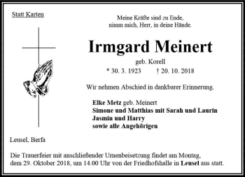 Traueranzeige von Irmgard Meinert von VRM Trauer