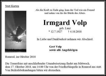 Traueranzeige von Irmgard Volp von VRM Trauer