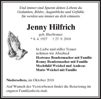 Traueranzeige von Jenny Hilfrich von  Camberger Anzeiger