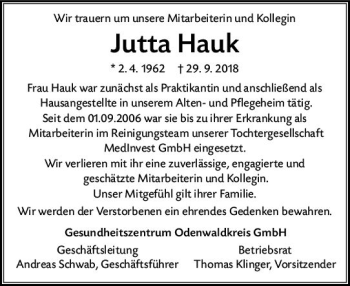 Traueranzeige von Jutta Hauk von vrm-trauer