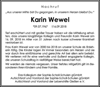 Traueranzeige von Karin Wewel von  Kreisanzeiger