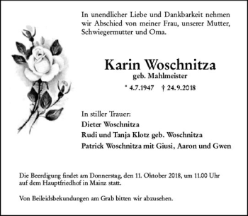 Traueranzeige von Karin Woschnitza von vrm-trauer