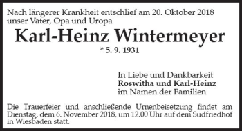 Traueranzeige von Karl-Heinz Wintermeyer von vrm-trauer
