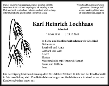 Traueranzeige von Karl Heinrich Lochhaas von VRM Trauer