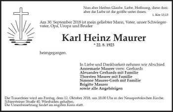 Traueranzeige von Karl Heinz Maurer von vrm-trauer