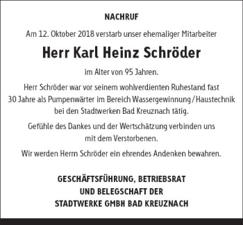 Traueranzeige von Karl Heinz Schröder von vrm-trauer