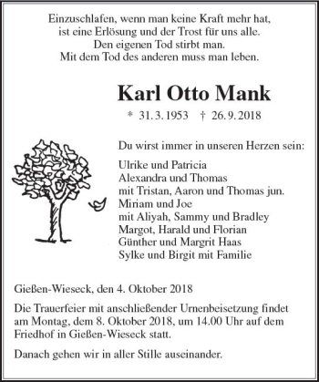 Traueranzeige von Karl Otto Mank von  Gießener Anzeiger