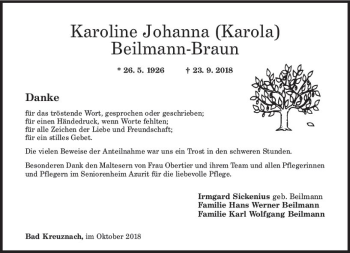Traueranzeige von Karoline Johanna Beilmann-Braun von vrm-trauer