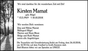 Traueranzeige von Kirsten Mamat von vrm-trauer