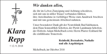 Traueranzeige von Klara Repp von  Kreisanzeiger