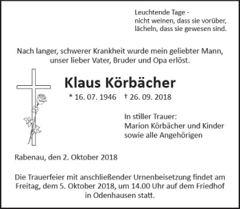 Traueranzeige von Klaus Körbächer von  Gießener Anzeiger