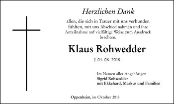 Traueranzeige von Klaus Rohwedder von vrm-trauer