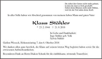Traueranzeige von Klaus Stähler von  Gießener Anzeiger