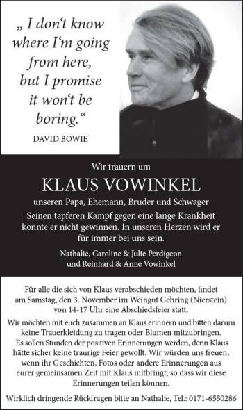 Traueranzeige von Klaus Vowinkel von vrm-trauer