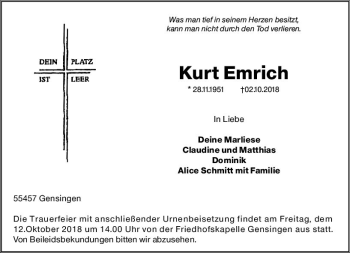 Traueranzeige von Kurt Emrich von vrm-trauer