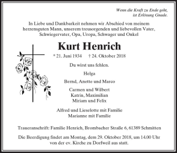Traueranzeige von Kurt Henrich von  Usinger Anzeiger