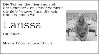 Traueranzeige von Larissa Gördel von vrm-trauer