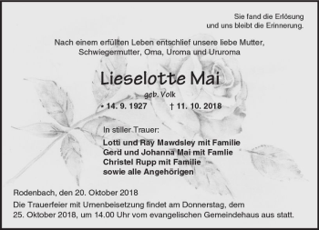 Traueranzeige von Lieselotte Mai von  Kreisanzeiger