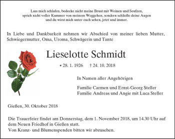 Traueranzeige von Lieselotte Schmidt von  Gießener Anzeiger