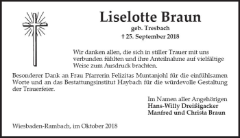 Traueranzeige von Liselotte Braun von vrm-trauer