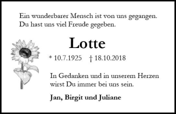 Traueranzeige von Lotte Heeser von vrm-trauer