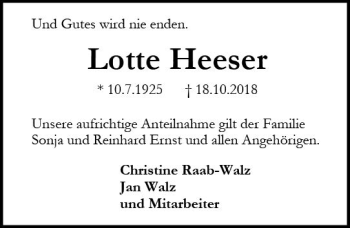 Traueranzeige von Lotte Heeser von vrm-trauer