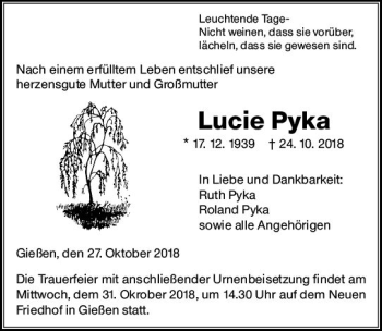 Traueranzeige von Lucie Pyka von  Gießener Anzeiger