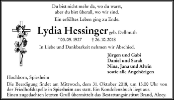 Traueranzeige von Lydia Hessinger von vrm-trauer