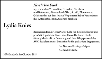 Traueranzeige von Lydia Knies von vrm-trauer