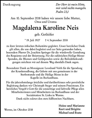 Traueranzeige von Magdalena Karoline Neis von vrm-trauer
