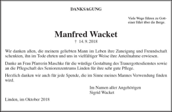 Traueranzeige von Manfred Wacket von  Gießener Anzeiger