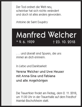 Traueranzeige von Manfred Welcher von VRM Trauer