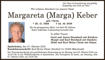 Traueranzeige von Margareta  Keber von vrm-trauer