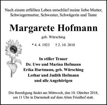 Traueranzeige von Margarete Hofmann von vrm-trauer