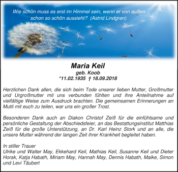 Traueranzeige von Maria Keil von vrm-trauer