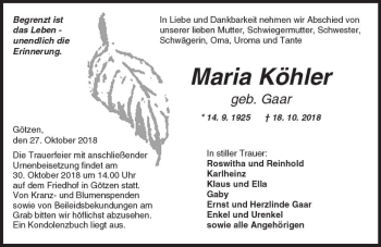Traueranzeige von Maria Köhler von  Kreisanzeiger