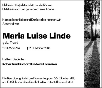 Traueranzeige von Maria Luise Linde von vrm-trauer