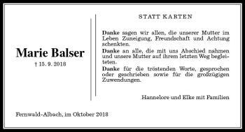 Traueranzeige von Marie Balser von  Gießener Anzeiger