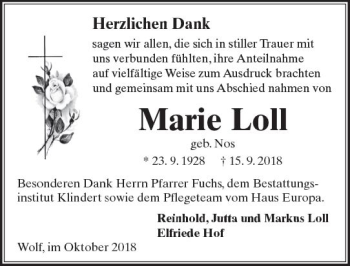 Traueranzeige von Marie Loll von  Kreisanzeiger