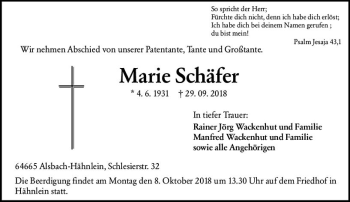 Traueranzeige von Marie Schäfer von vrm-trauer