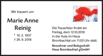 Traueranzeige von Marie Anne Reinig von vrm-trauer