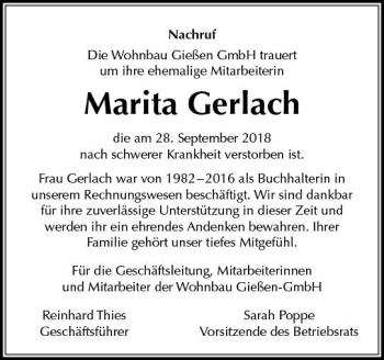 Traueranzeige von Marita Gerlach von  Gießener Anzeiger