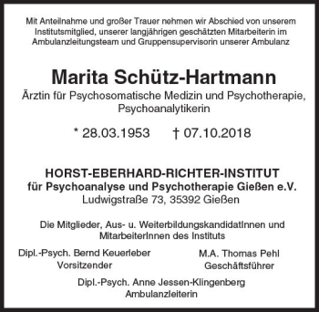 Traueranzeige von Marita Schütz-Hartmann von  Gießener Anzeiger