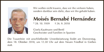 Traueranzeige von Moises Bernabe Hernandez von  Gießener Anzeiger