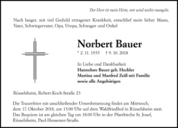 Traueranzeige von Norbert Bauer von vrm-trauer